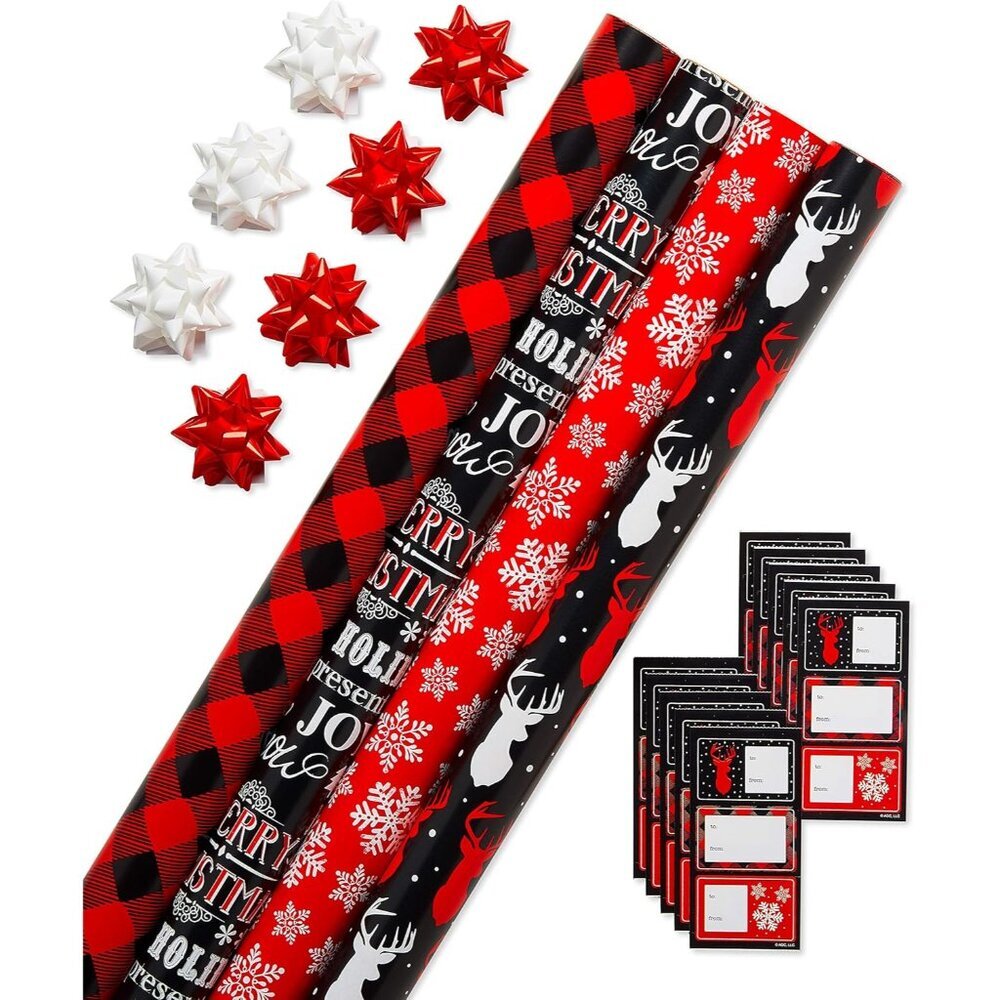 Christmas Wrapping Paper, Red and Black Buffalo Plaid Holiday Gift Wrap Set 120